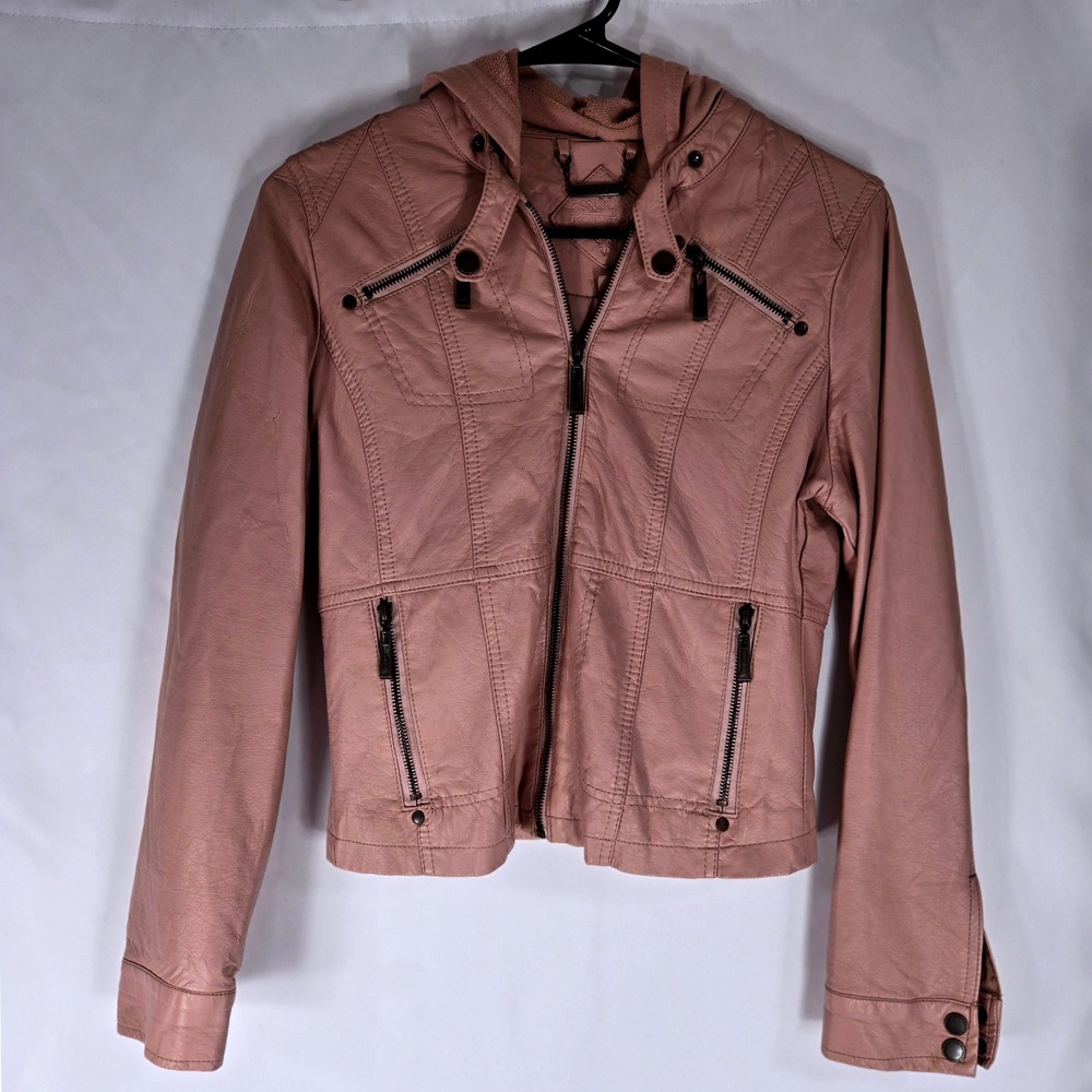 JouJou Faux Leather Moto Jacket Hooded Zip Up Pockets Pink Womens Biker Elegance